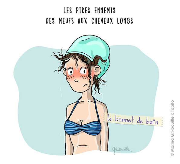 Marina Gri illustration - Fille cheveux longs bonnet de bain