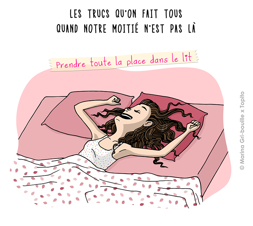 Illustration Marina Gri-Bouille Topito - Prendre toute la place dans le lit